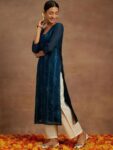 b358a973-a727-43a1-a9ea-e9400f3151c61691139803081LibasWomenTealEthnicMotifsPrintedFlaredSleevesChanderiSilkKu1